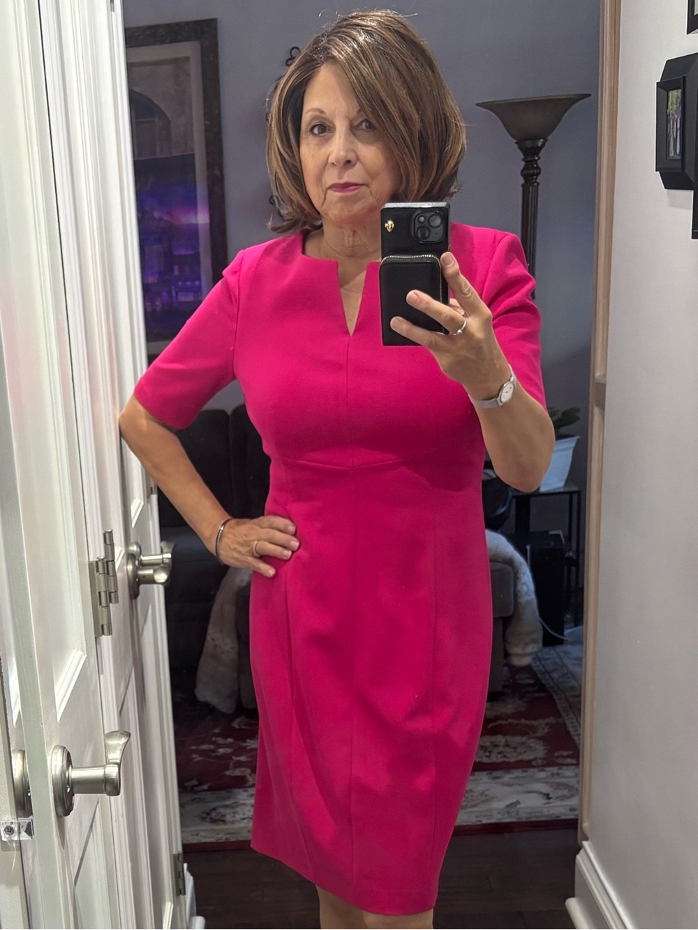 Tahari knee length Dress in Vibrant Pink.  Perfect for the office.